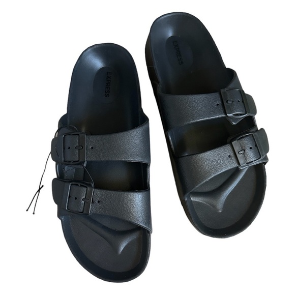 Express Men’s Black Double Buckle Slip On Sandals Size 10 NWOT - Picture 1 of 8